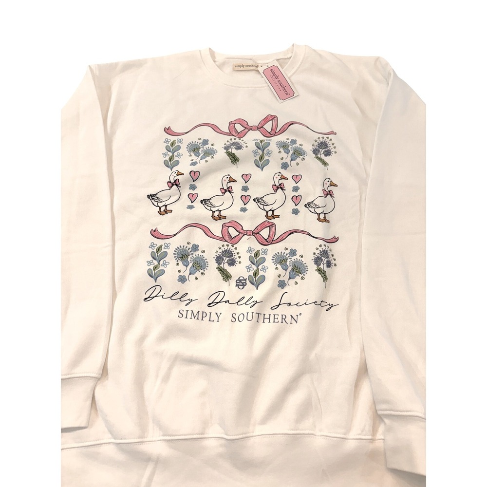 Simply Southern Sweatshirt M-L White Goose Duck Bow Cottagecore Preppy Coquette